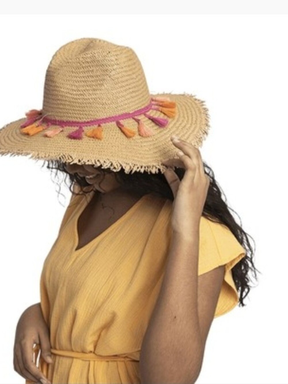 Straw Tassel Sun Hat - Natural with Pink & Orange Accents